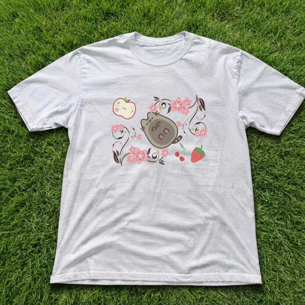 Cute Cat And Cherry Blossom Graphic White T-shirt